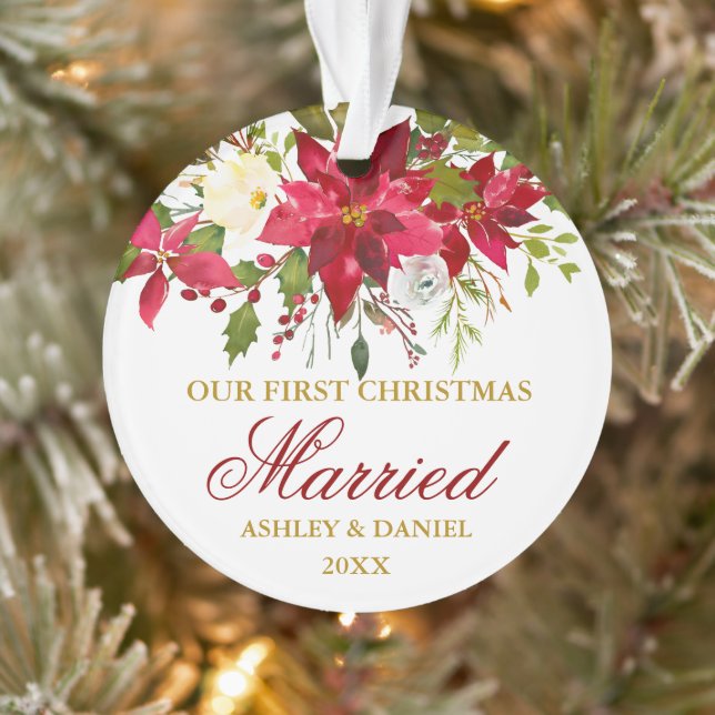 Poinsettia Red Floral Gold First Christmas Married Ornament (Tree)