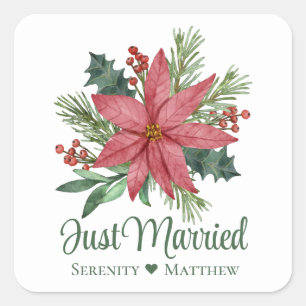 Poinsettia Red Floral Winter Just Married Wedding Square Sticker