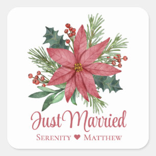Poinsettia Red Floral Winter Just Married Wedding Square Sticker