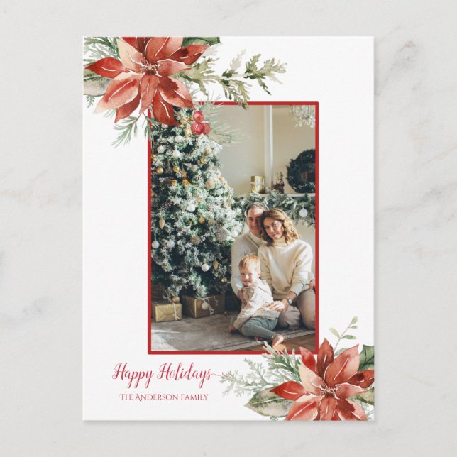 Poinsettia Red Frame 2 Photo Christmas Greeting  Postcard (Front)