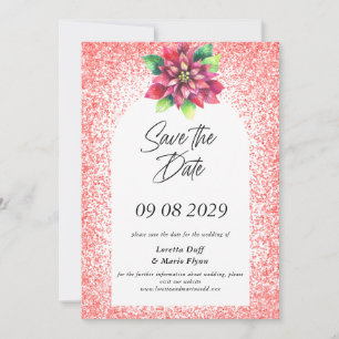 Poinsettia Red Glitter Save the date Invitation