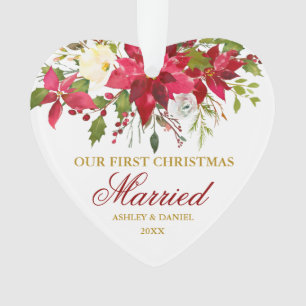 Poinsettia Red Gold First Christmas Married Heart Ornament