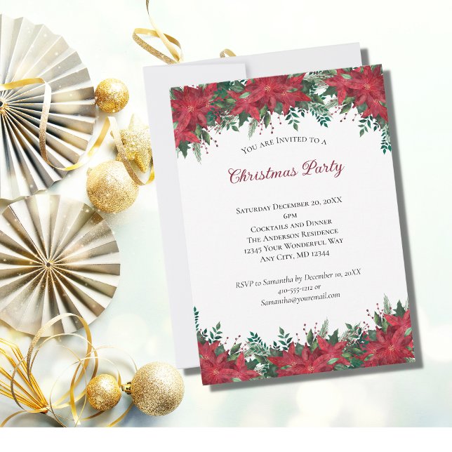 Poinsettia Red Green Holiday Christmas Party Invit Invitation (Creator Uploaded)