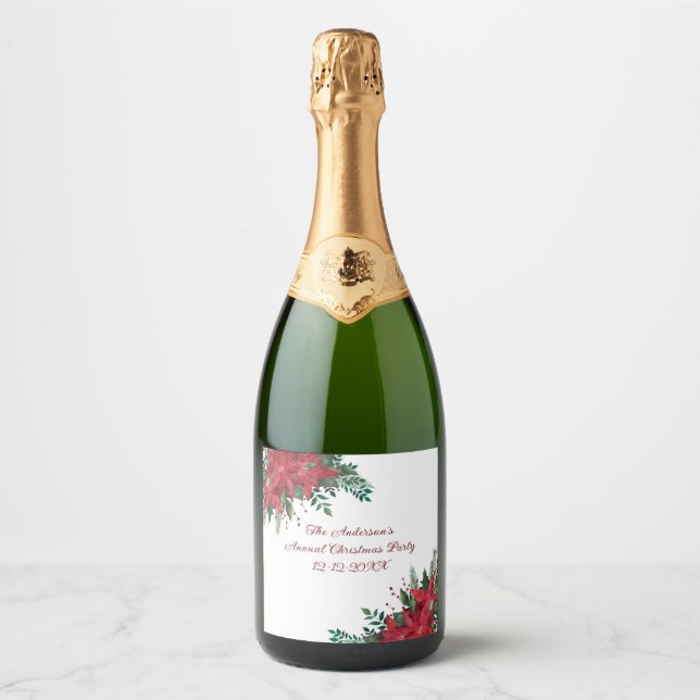 Poinsettia Red Green Holiday Christmas Party  Sparkling Wine Label (Front)