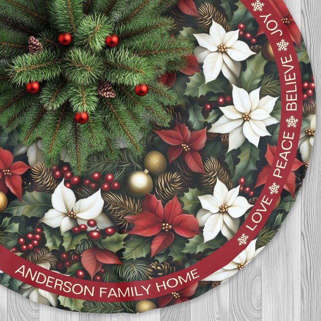 Poinsettia Red Green Pine Festive Words Christmas Brushed Polyester Tree Skirt (Poinsettia Red Green Pine Festive Words Christmas Brushed Polyester Tree Skirt)