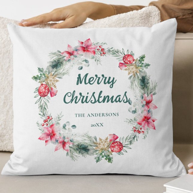 Poinsettia Red Green White Wreath Christmas Poetry Cushion (Creator Uploaded)