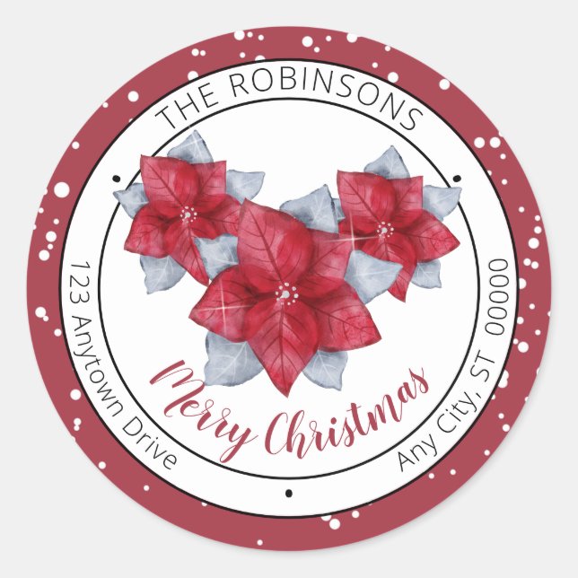 Poinsettia Red | Grey Merry Christmas Family Classic Round Sticker (Front)