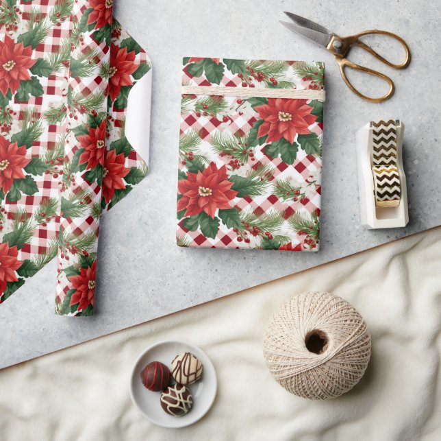 Poinsettia Red White Check Pattern Christmas Gift Wrapping Paper (Crafts)