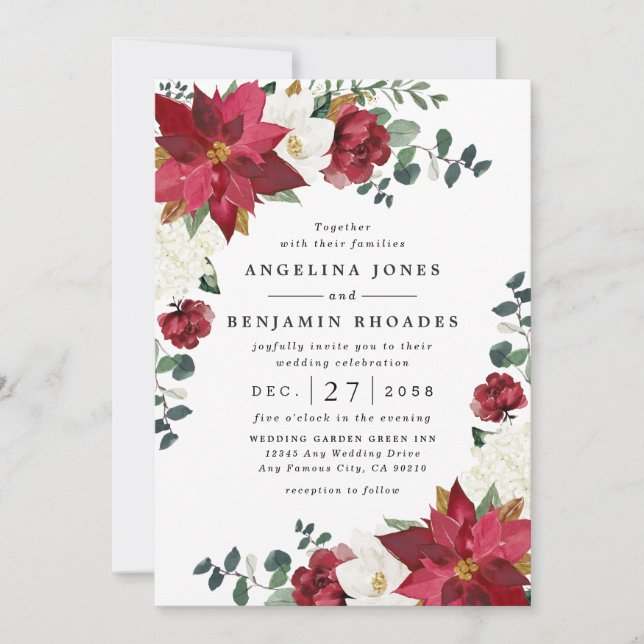 Poinsettia Red Winter Rustic Christmas Wedding Invitation (Front)