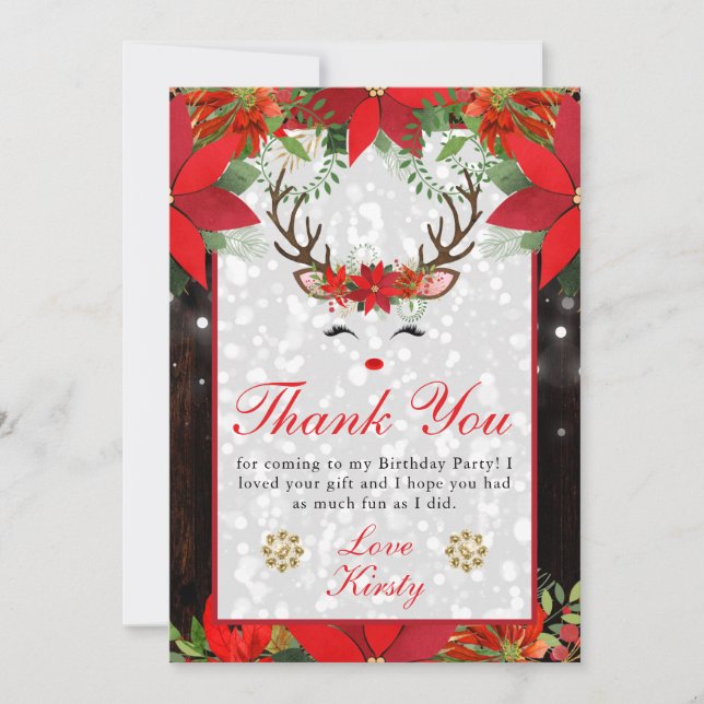 Poinsettia Reindeer Christmas Birthday Party Thank You Card (Front)