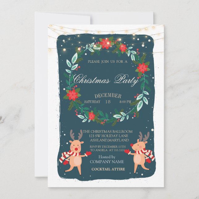 Poinsettia,Reindeer Christmas Company Invitation (Front)