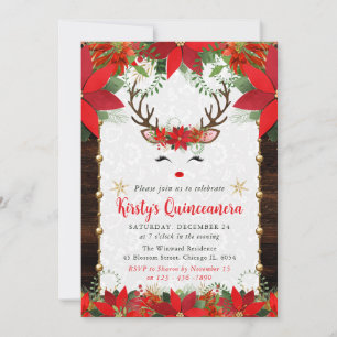 Poinsettia & Reindeer Face Christmas Quinceanera Invitation