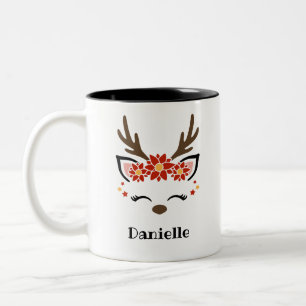 Poinsettia Reindeer Face Personalised Name Holiday Two-Tone Coffee Mug