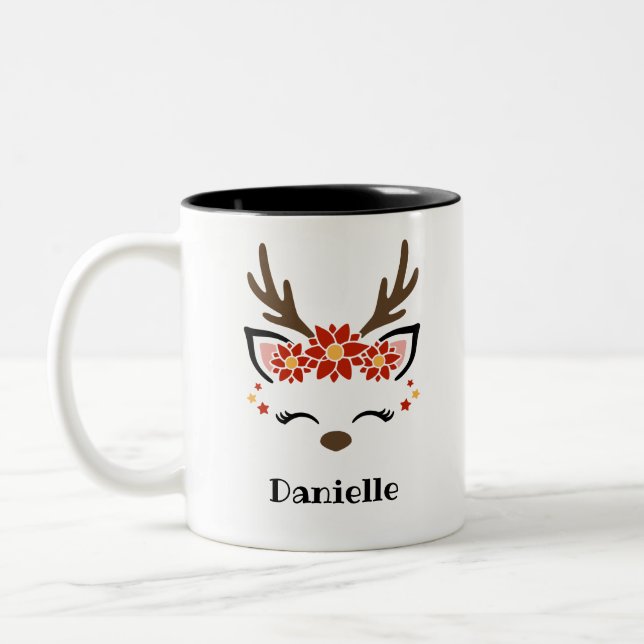 Poinsettia Reindeer Face Personalised Name Holiday Two-Tone Coffee Mug (Left)