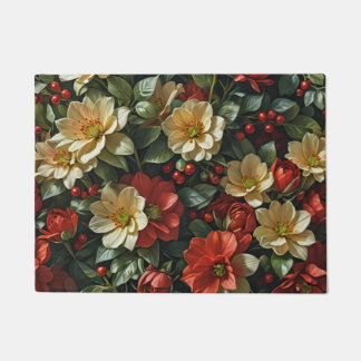 Poinsettia, retro red and green flowers doormat