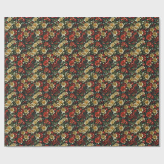Poinsettia, retro red and green flowers wrapping paper