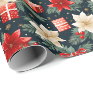 Poinsettia Rich Reds & Cream Pretty Christmas Gift Wrapping Paper