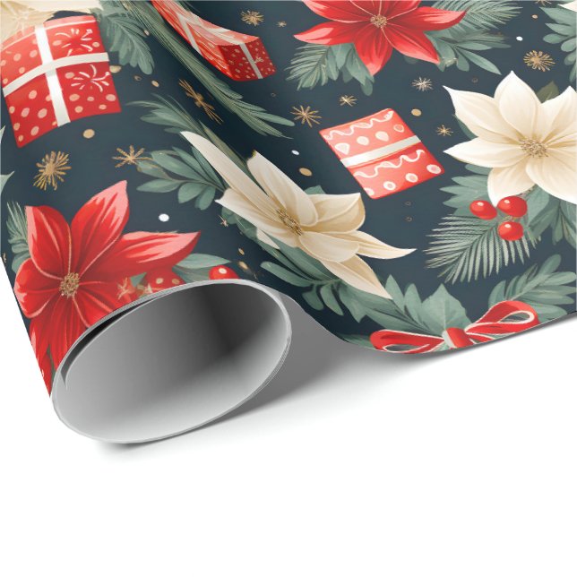 Poinsettia Rich Reds & Cream Pretty Christmas Gift Wrapping Paper (Roll Corner)