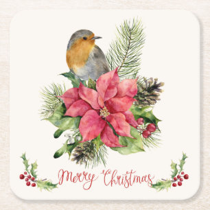Poinsettia, robin, holly, pine, cone Christmas Square Paper Coaster