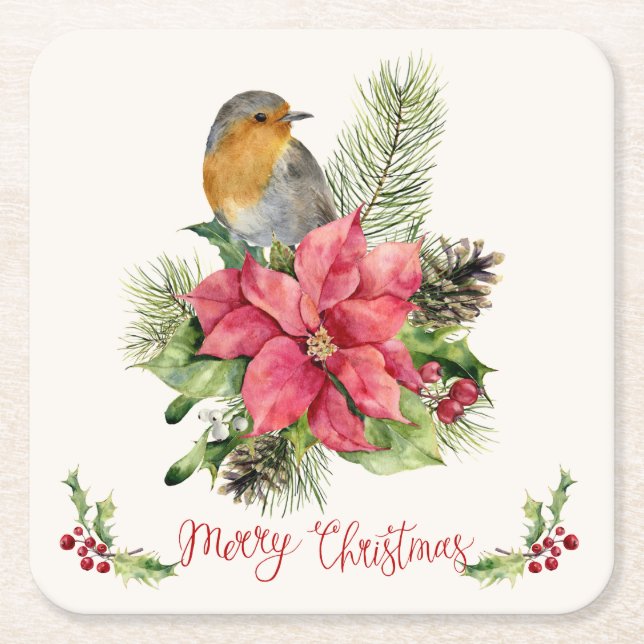 Poinsettia, robin, holly, pine, cone Christmas Square Paper Coaster (Front)
