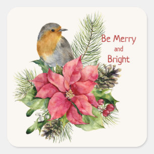 Poinsettia, robin, holly, pine, cone Christmas Square Sticker