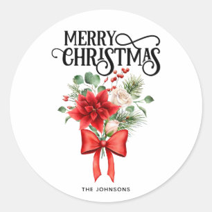 Poinsettia Roses Christmas Flower Bouquet Classic Round Sticker