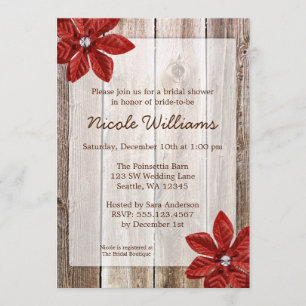 Poinsettia Rustic Barn Wood Bridal Shower Invitation