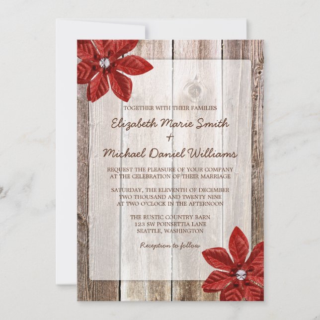 Poinsettia Rustic Barn Wood Wedding Invitations (Front)