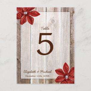 Poinsettia Rustic Barn Wood Wedding Table Number Postcard