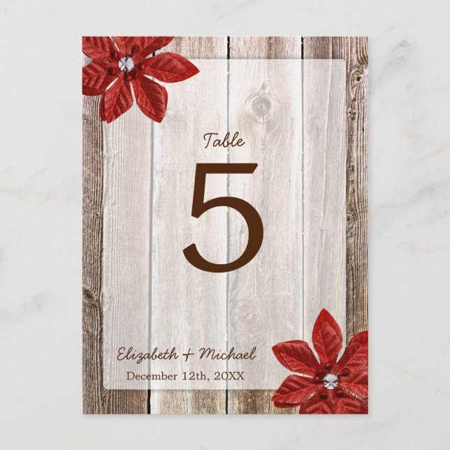 Poinsettia Rustic Barn Wood Wedding Table Number Postcard (Front)