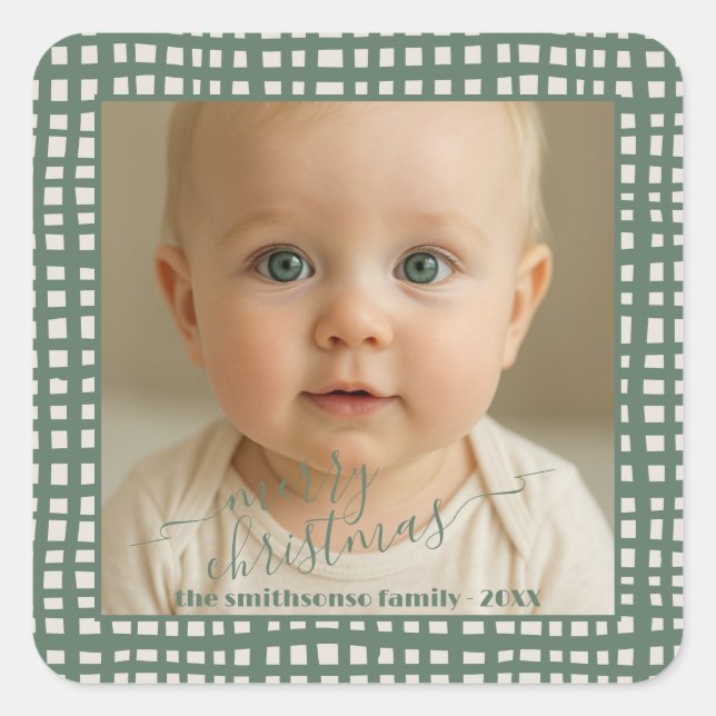Poinsettia Sage Green Ivory Christmas baby Photo Square Sticker (Front)