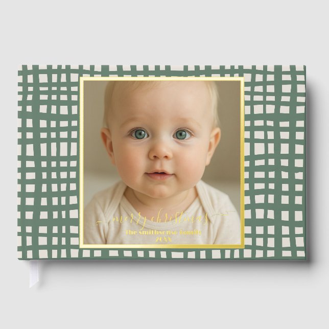 Poinsettia Sage Green Merry Christmas Photo real Guest Book (Front)