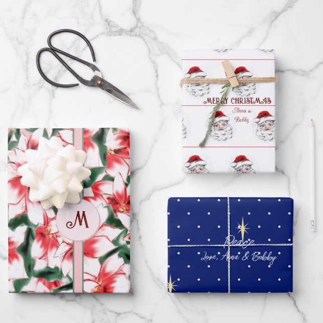 Poinsettia Santa Claus Star of Bethlehem Christmas Wrapping Paper Sheet (Front)