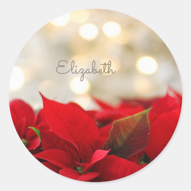 Poinsettia, Shiny Gold Snowflakes- Personalised Classic Round Sticker (Front)