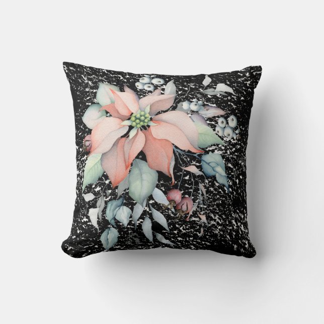Poinsettia Snow scene, black, berries, 2 sided Cushion (Front)
