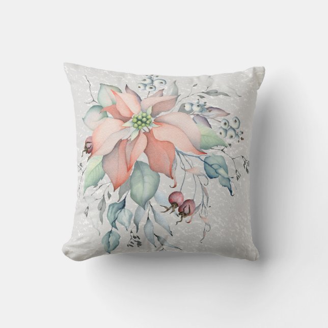 Poinsettia Snow scene, leaves, berries, 2 sided Cushion (Front)