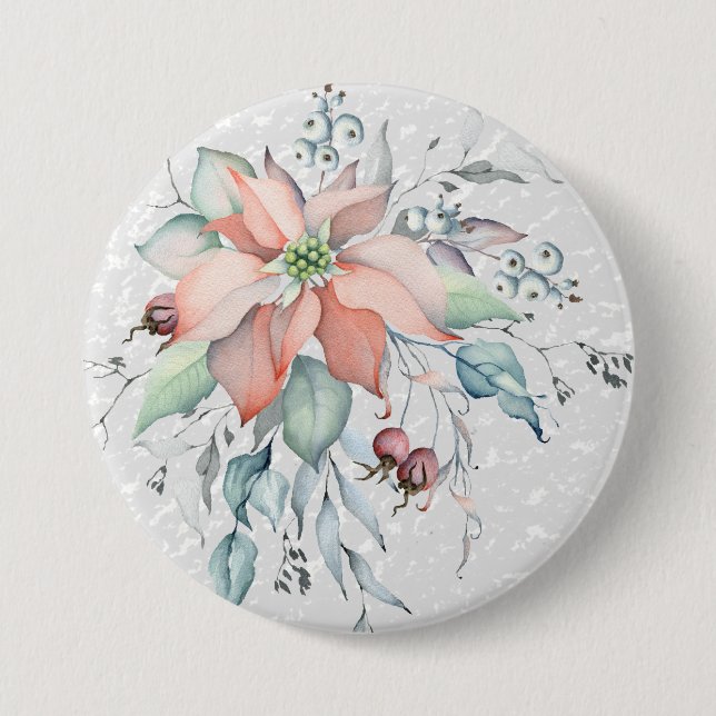 Poinsettia Snow scene, leaves, berries, corsage 7.5 Cm Round Badge (Front)