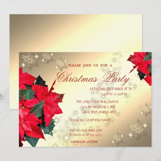 Poinsettia Snowflakes,Corporate Christmas Party Invitation (Front/Back)