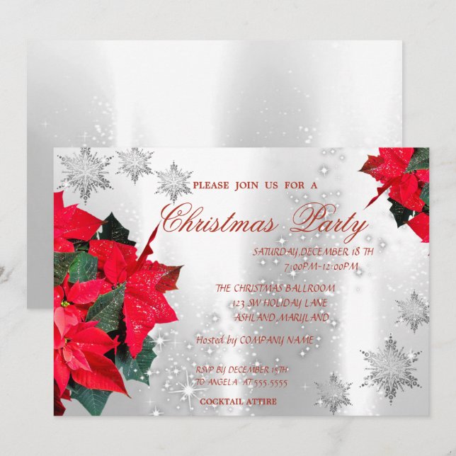 Poinsettia Snowflakes,Corporate Christmas Party Invitation (Front/Back)