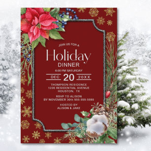 Poinsettia Snowflakes Holiday Dinner Party Invitation