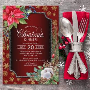 Poinsettia Snowflakes Red Christmas Dinner Party Invitation