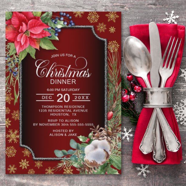 Poinsettia Snowflakes Red Christmas Dinner Party Invitation (Creator Uploaded)