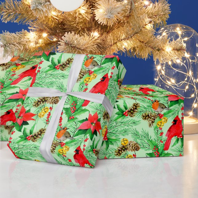 Poinsettia Spruce Branches Cones Robin Cardinals Wrapping Paper (Holidays)
