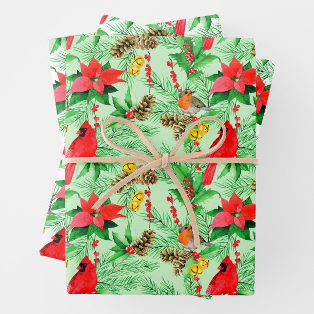 Poinsettia Spruce Branches Cones Robin Cardinals  Wrapping Paper Sheet (In situ)