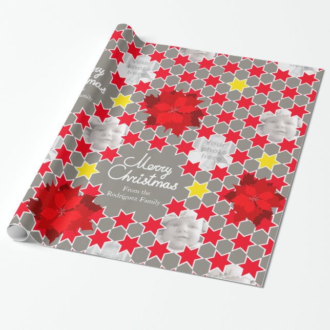 Poinsettia Star pattern red Christmas family photo Wrapping Paper (Unrolled)