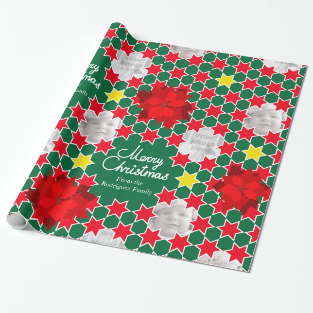 Poinsettia Star red green Christmas family photo Wrapping Paper (Unrolled)
