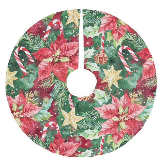 Poinsettia Stars Candy Canes Brushed Polyester Tree Skirt (Front)