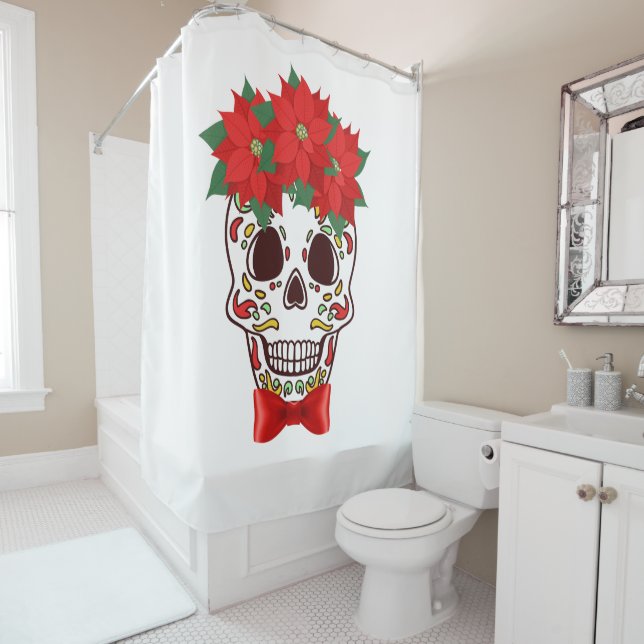 Poinsettia Sugar Skull Christmas  Shower Curtain (In Situ)
