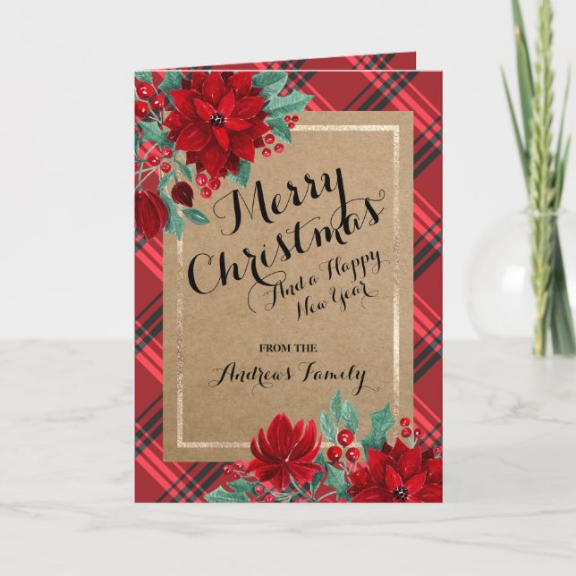 Poinsettia Tartan Kraft Rustic Merry Christmas Holiday Card (Front)