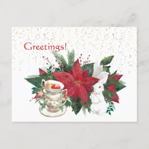 Poinsettia Teacups Rabbit Christmas Postcard
